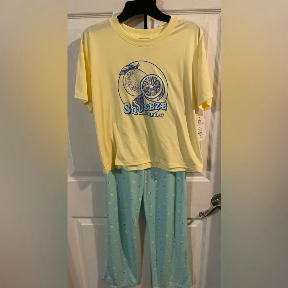NWT Wonder Nation Girls Lemon‎ Pajama Set Size L 10-12 Wide Leg Sleepwear